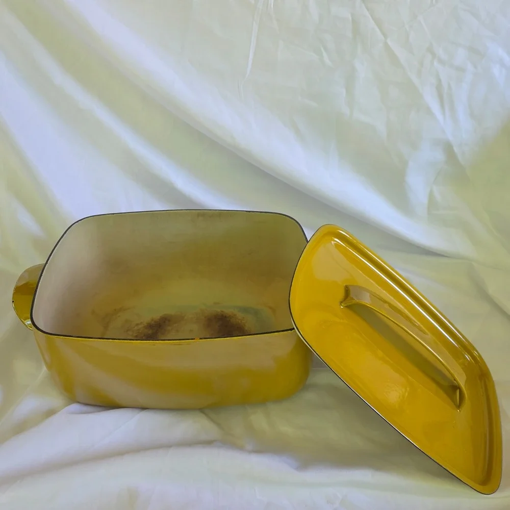 Vintage Mustard Yellow Enameled Cast Iron Rectangular Dutch Oven Roaster Lid - Picture 12 of 15
